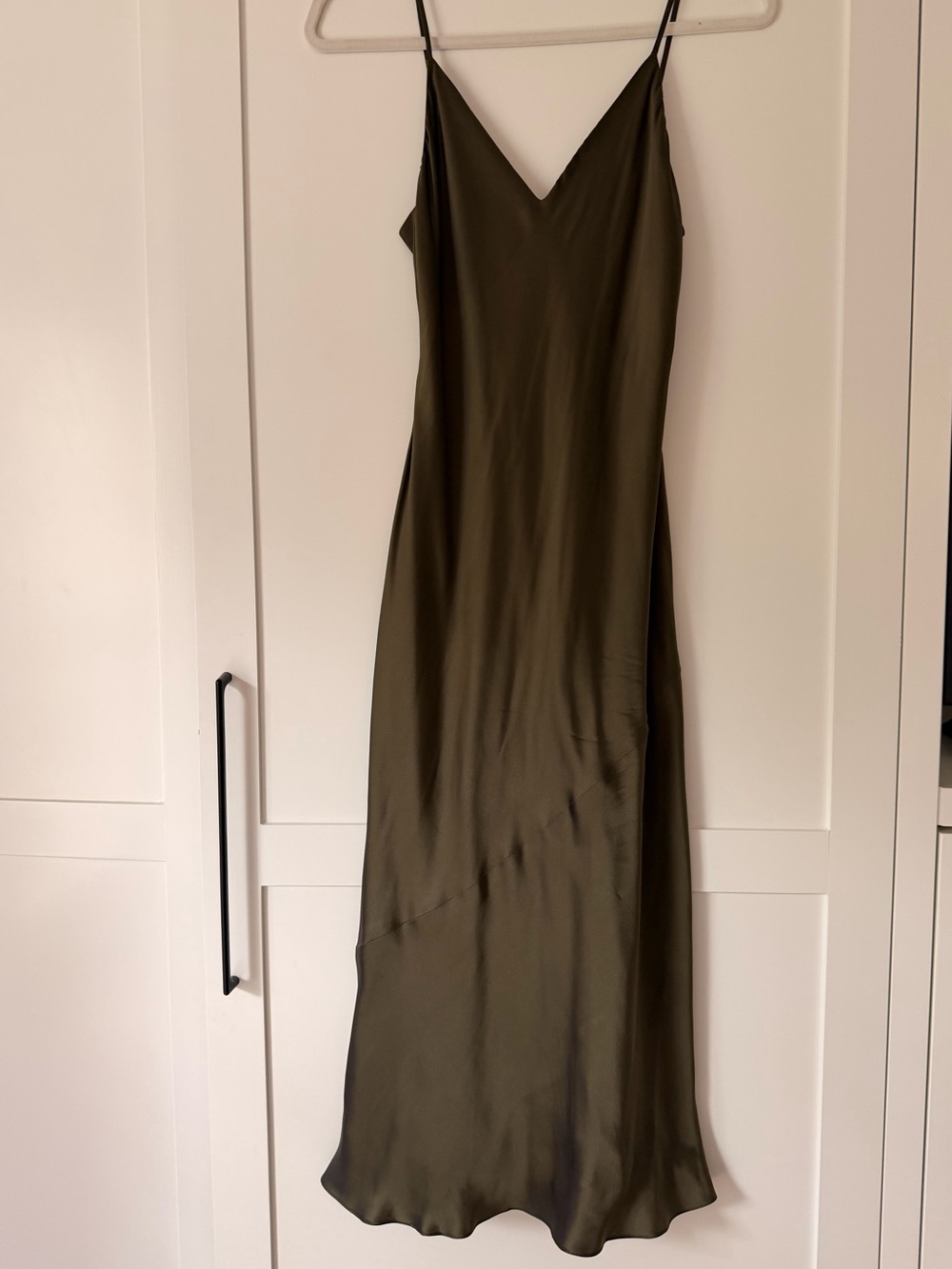 L'AGENCE Olive Green Satin Slip Midi Dress